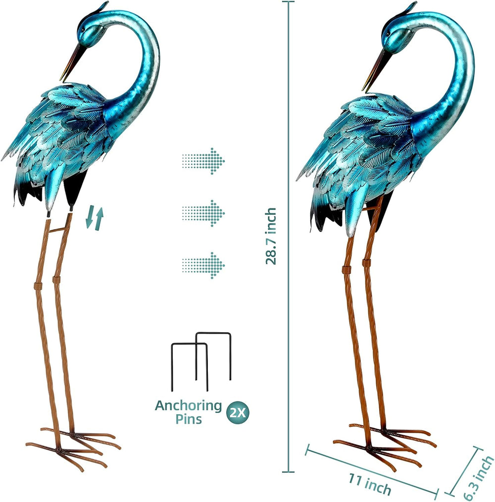 chisheen Crane Garden Statues, Metal Garden Crane Outdoor, Blue Heron Sculptu...