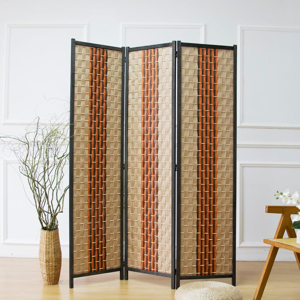 Furnnylane 3 Panel Rattan Room Divider, Beige Orange Folding Privacy Screen