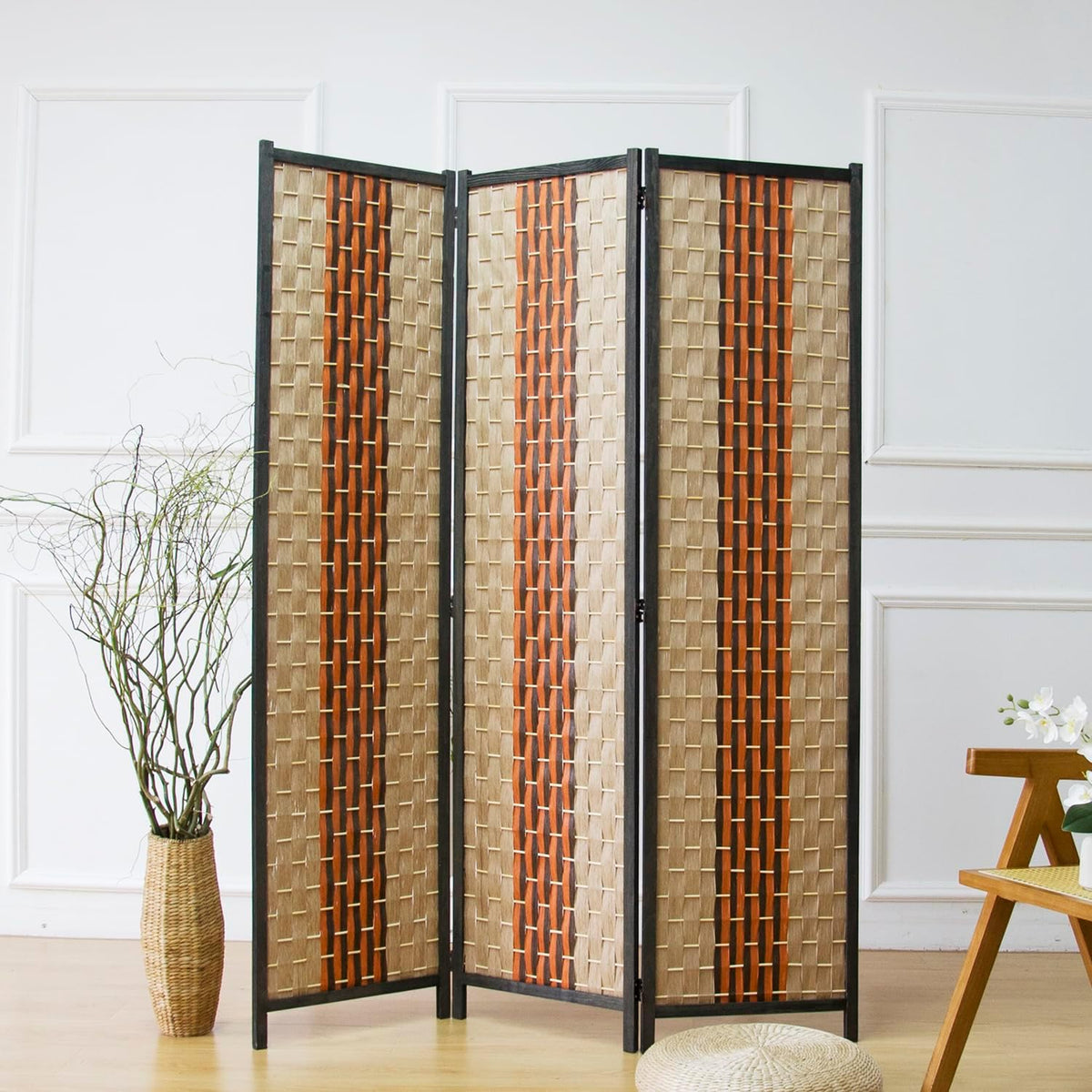 Furnnylane 3 Panel Rattan Room Divider, Beige Orange Folding Privacy Screen
