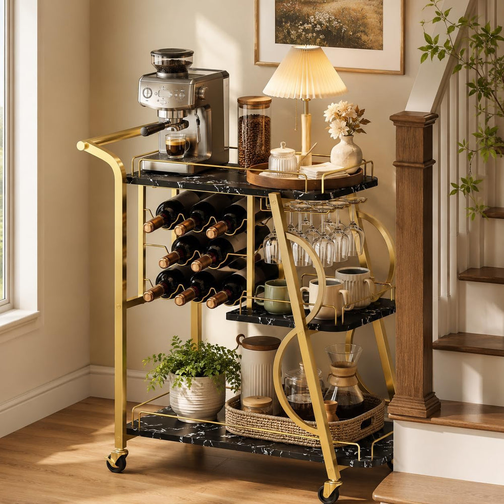 Bar Cart for Home, Home Bar Serving Cart on Wheels, 3 Tier Liquor Carts with ...