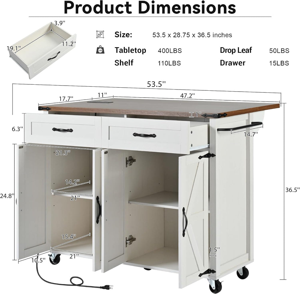 53 in Rolling Kitchen Island Cart with Storage & Power Outlet, Retro White