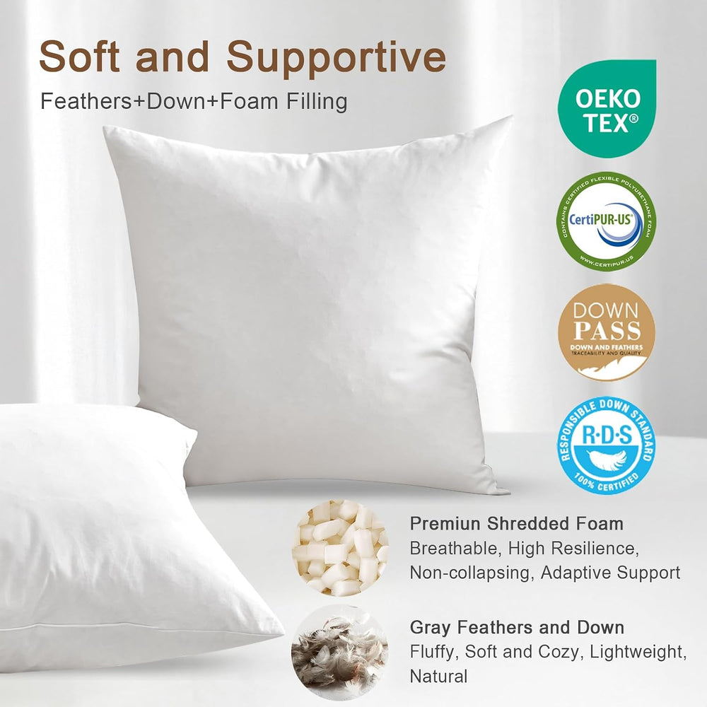 Organic Feather Down Throw Pillow Inserts 18x18 Inch Set of 2