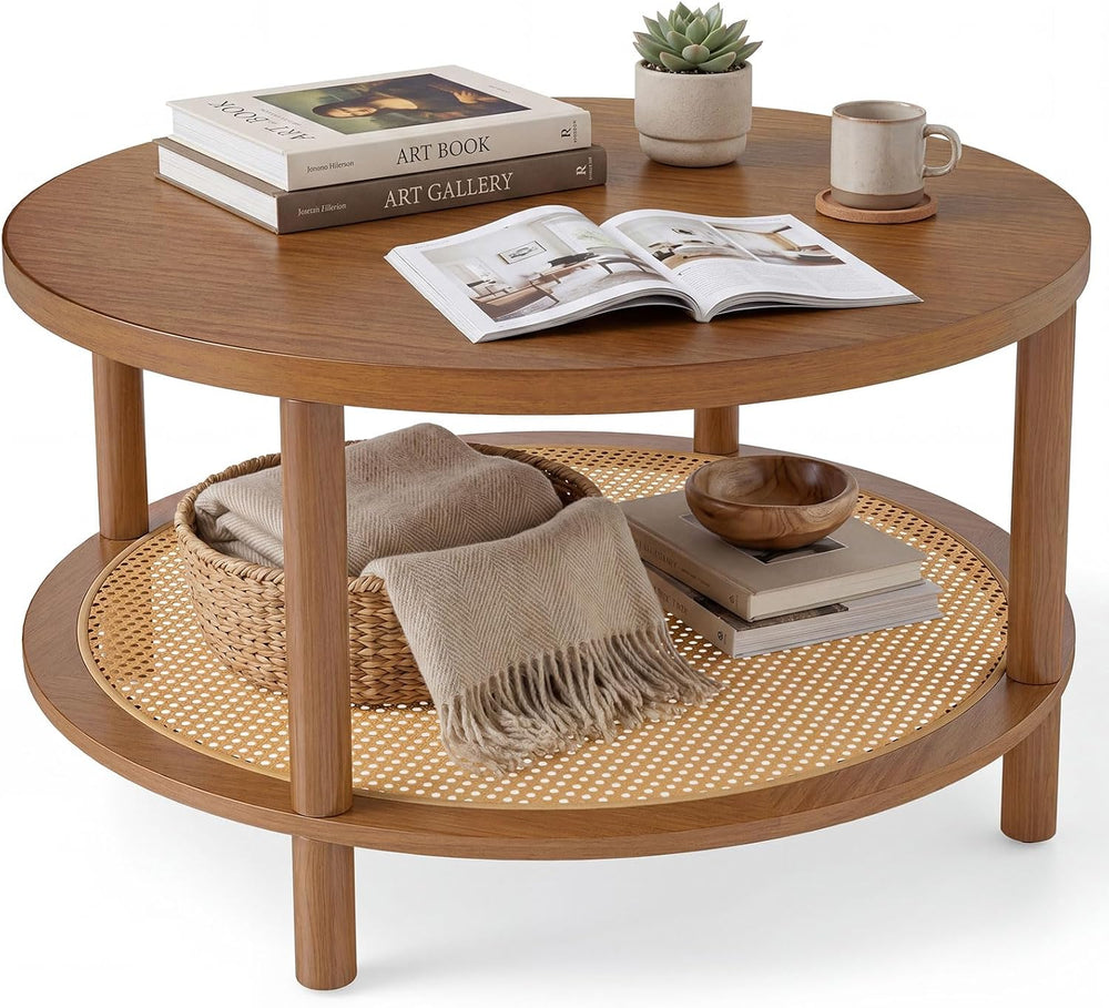 GIANTEX Rattan Coffee Table, 31.5" Round Center Table with Storage &...