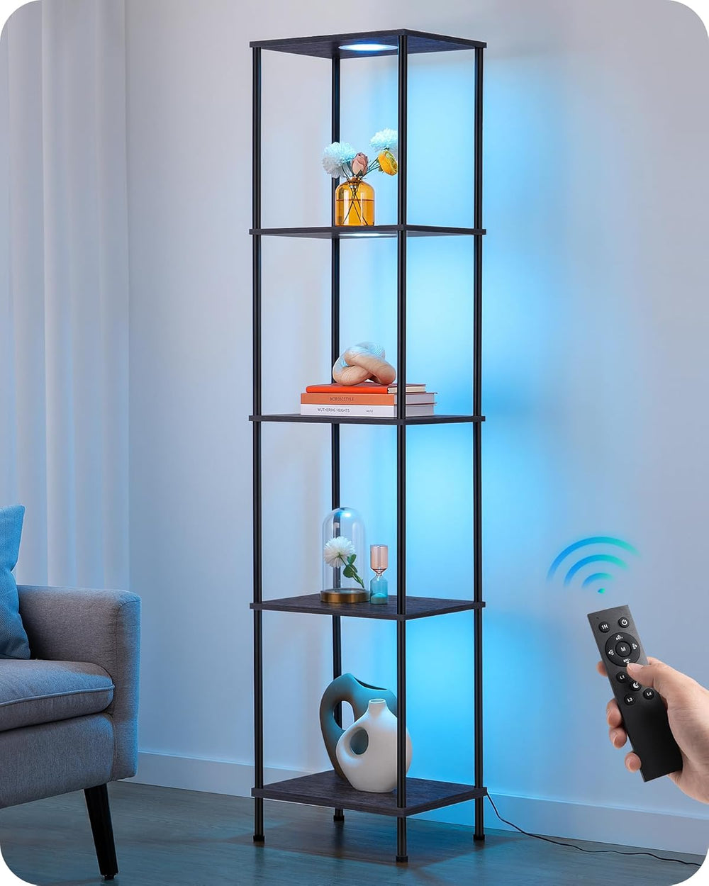 EDISHINE RGBW Floor Lamp with 5-Tier Display Shelf, 3 Modes Remote, Black