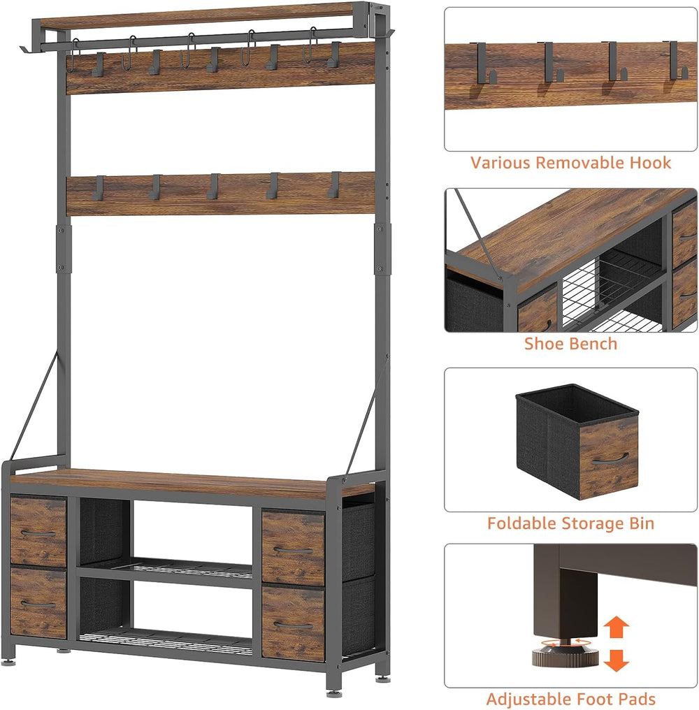 39" Hall Tree with Storage Coat Rack freestanding Entryway Furniture Ben...