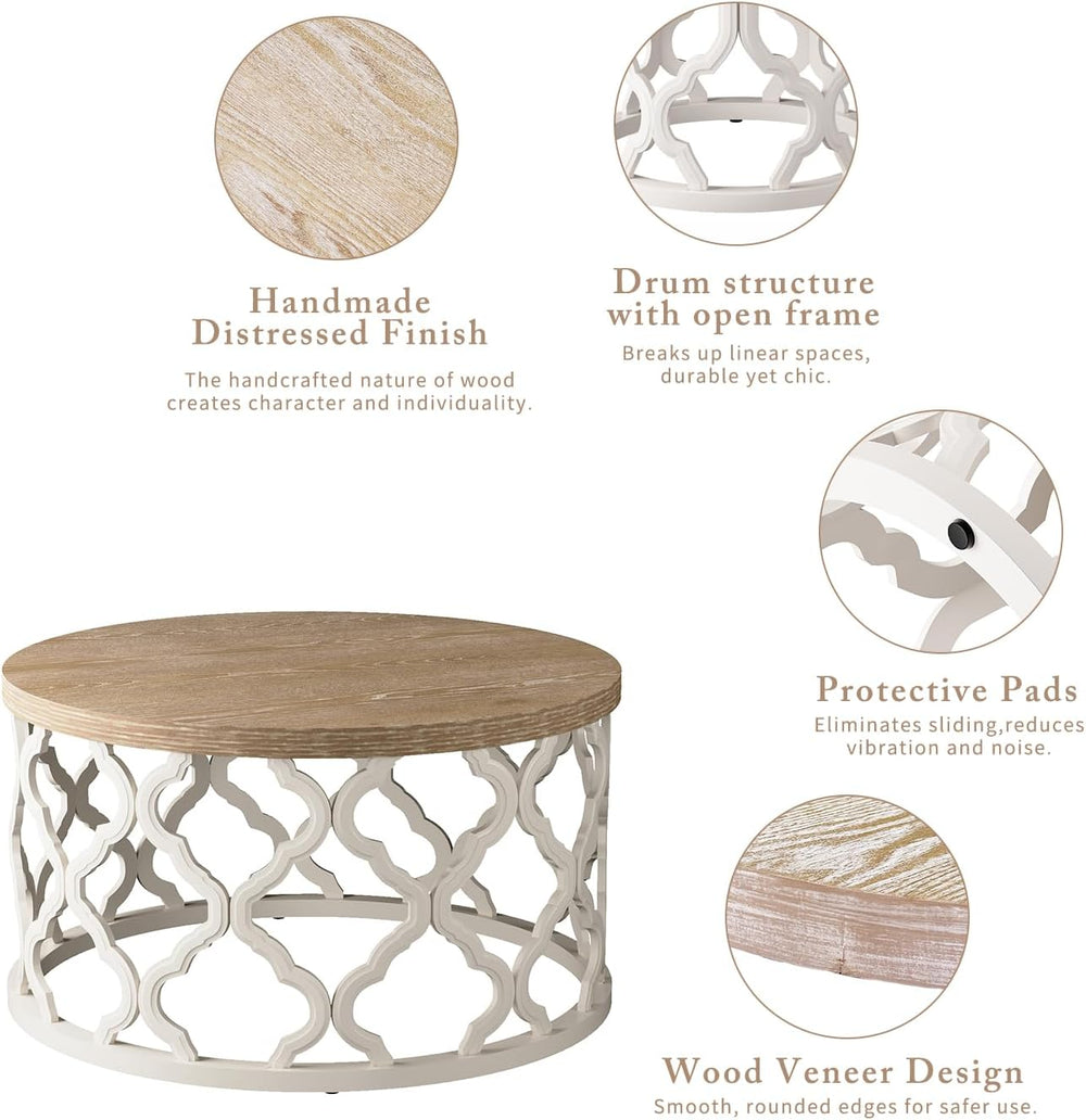 karlott Farmhouse Coffee Table, French Country Round Coffee Table, Beige