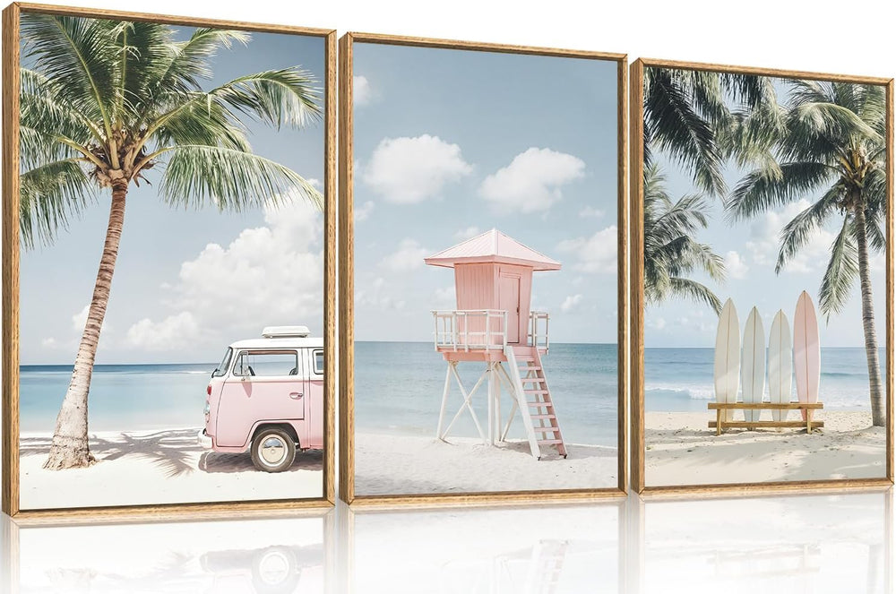 Celestdeco Beach Coastal Seascape Framed Canvas Wall Art Set-16"x24"x3