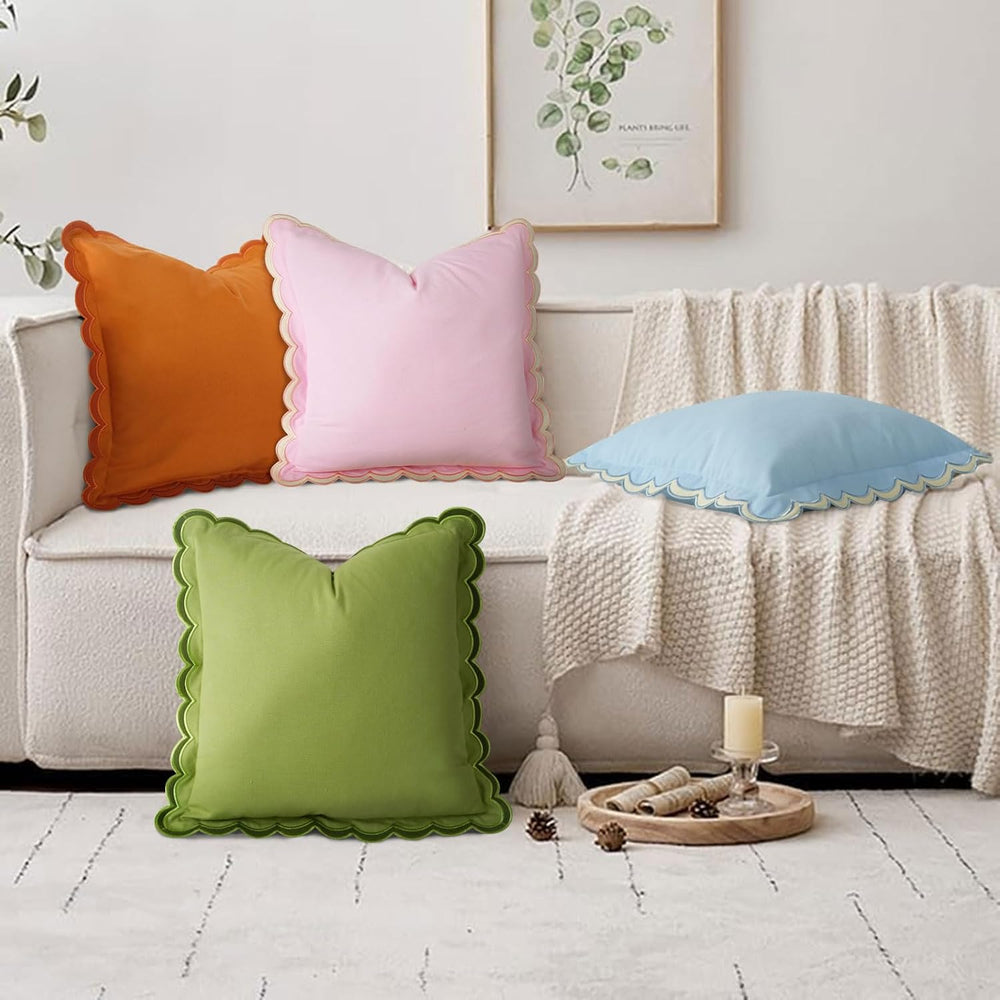 Scalloped Throw Pillow Covers Set of 2, 18x18 Inch Double Stitch Decorative C...
