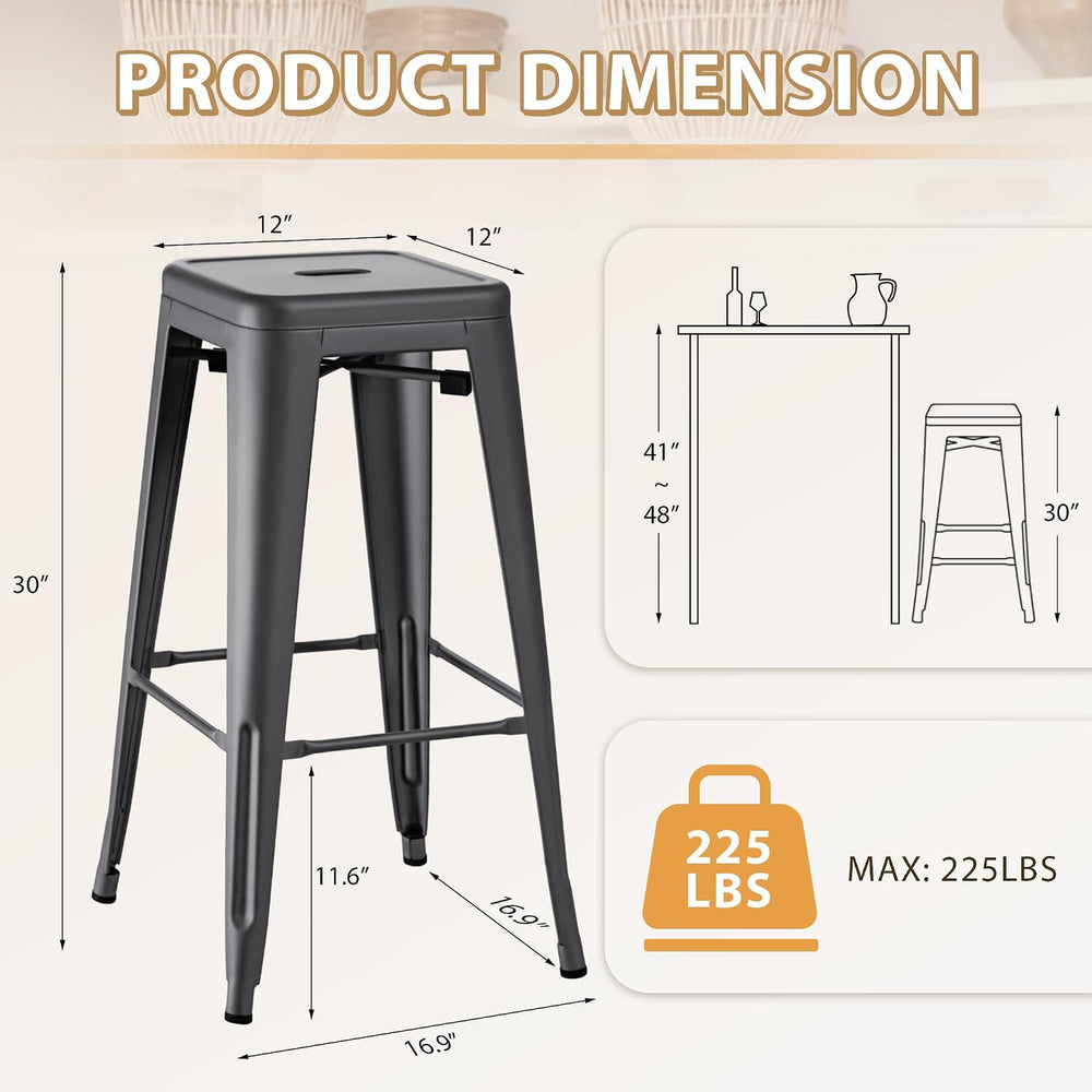 Furmax 30'' Metal Bar Stools Set of 4, Stackable for Indoor Outdoor, ...