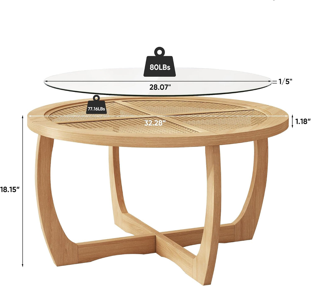 PADMA HOUSE Round Wood Coffee Table with Glass Rattan Top, 32.28" x 18.1...