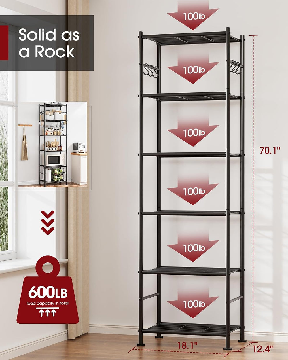 Sakugi Storage Shelves - 6-Tier Large Capacity Shelf Organizer with Hooks, He...