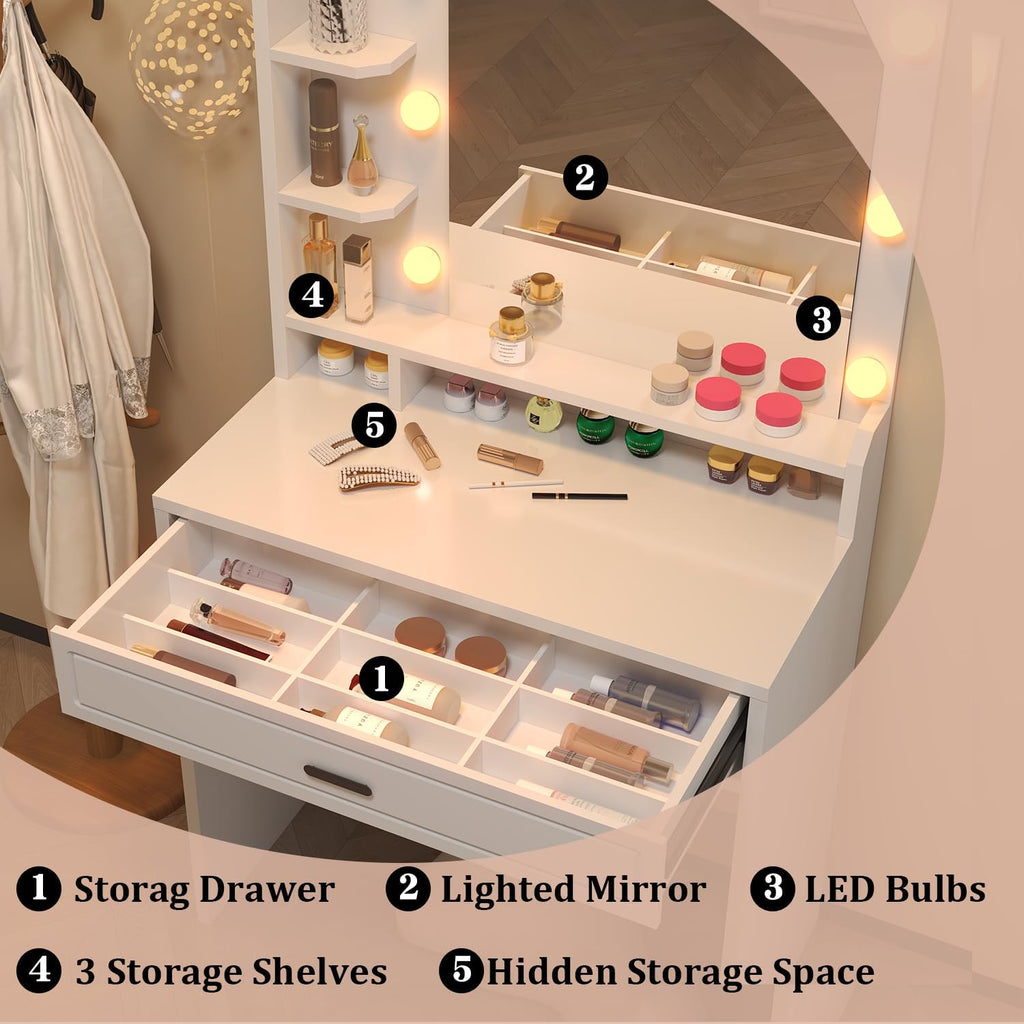 Makeup Vanity with Mirror with Lights for Girls White Lighted Vanity Desk Small Makeup Vanity Table Set with Storage Drawers 3 Lighting Modes & Adjustable Brightness