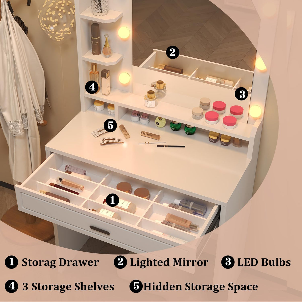 Makeup Vanity with Mirror with Lights for Girls White Lighted Vanity Desk Small Makeup Vanity Table Set with Storage Drawers 3 Lighting Modes & Adjustable Brightness