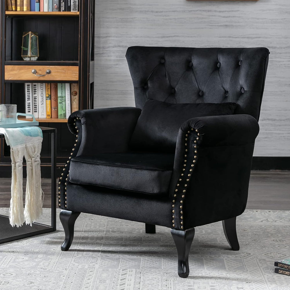 Mid Century Accent Chair Modern Button Tufted Armchair Club Chair Velvet Wing...