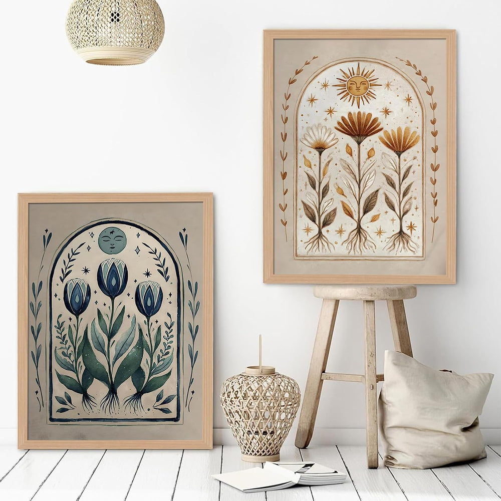 skysoon Boho Moon and Sun Wall Art Set of 2, Floral Botanical Prints