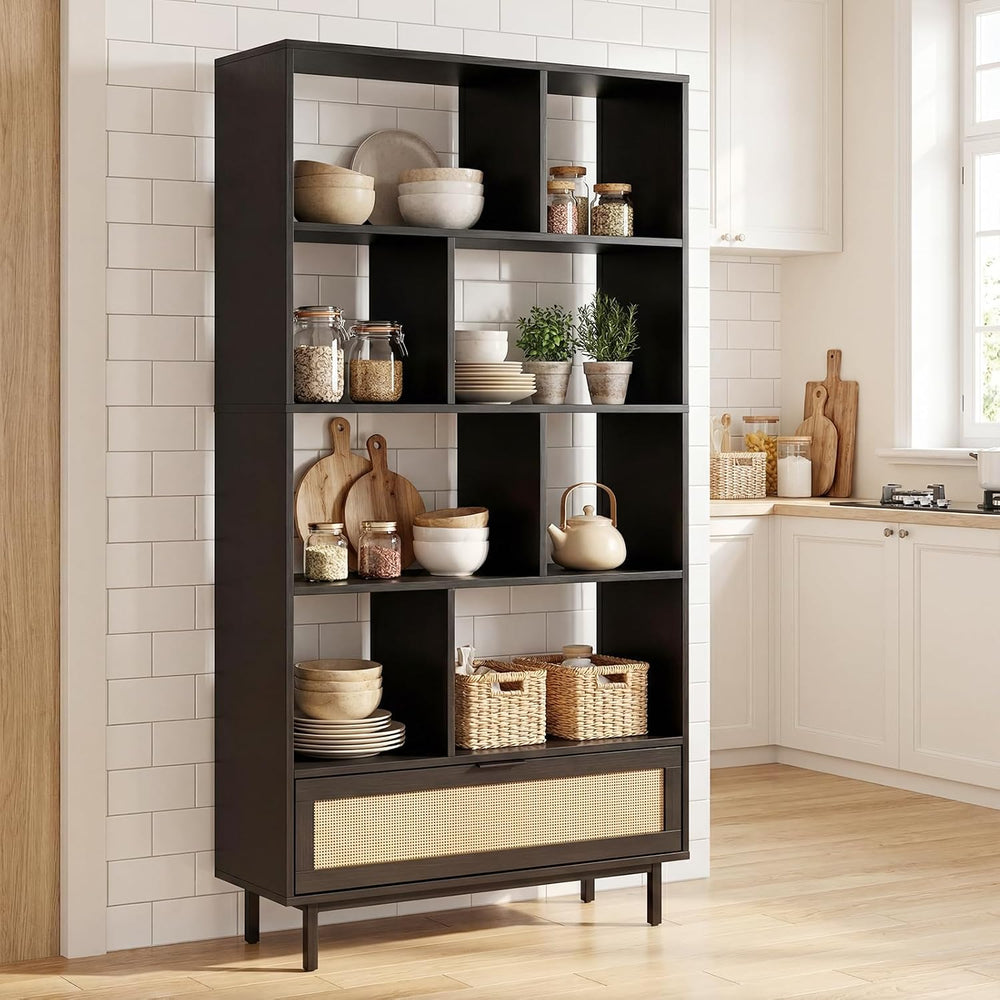GIANTEX 64" Tall Bookshelf with Rattan Drawer, 6-Tier Wood Bookcase with...