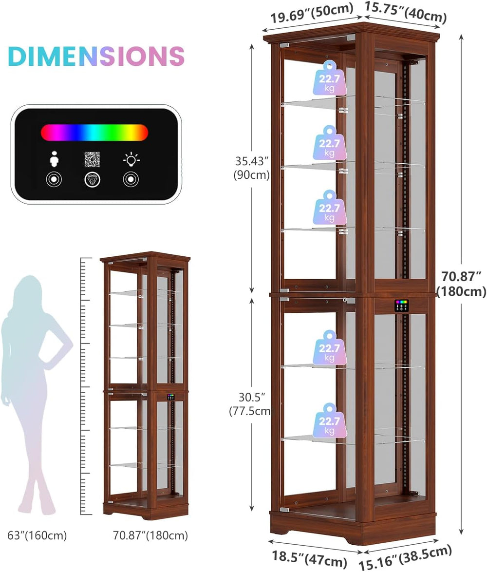 LVSOMT 71“ Tall Bar Cabinet with RGB Lights & Glass Doors, 7-Tier, Wood