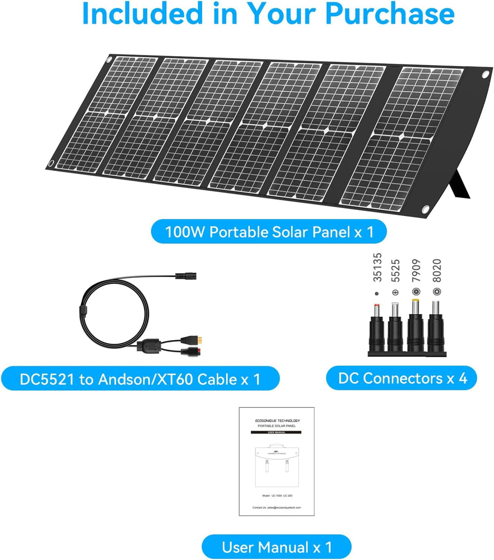 100W Portable Solar Panel with USB-C/A & 20V DC XT60 Port for Power Station