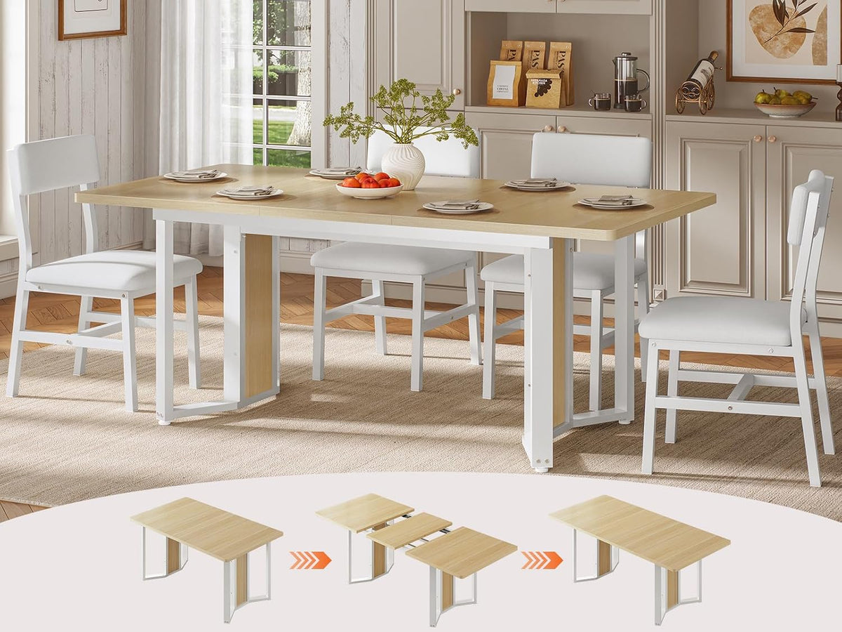 Itaar 5-Piece Dining Table Set for 4-6 People, 63" Extendable Kitchen Table and 4 Cushion Chairs, Dining Room Table with MDF Board & Metal Frame for Small Space, Easy Clean, Natural