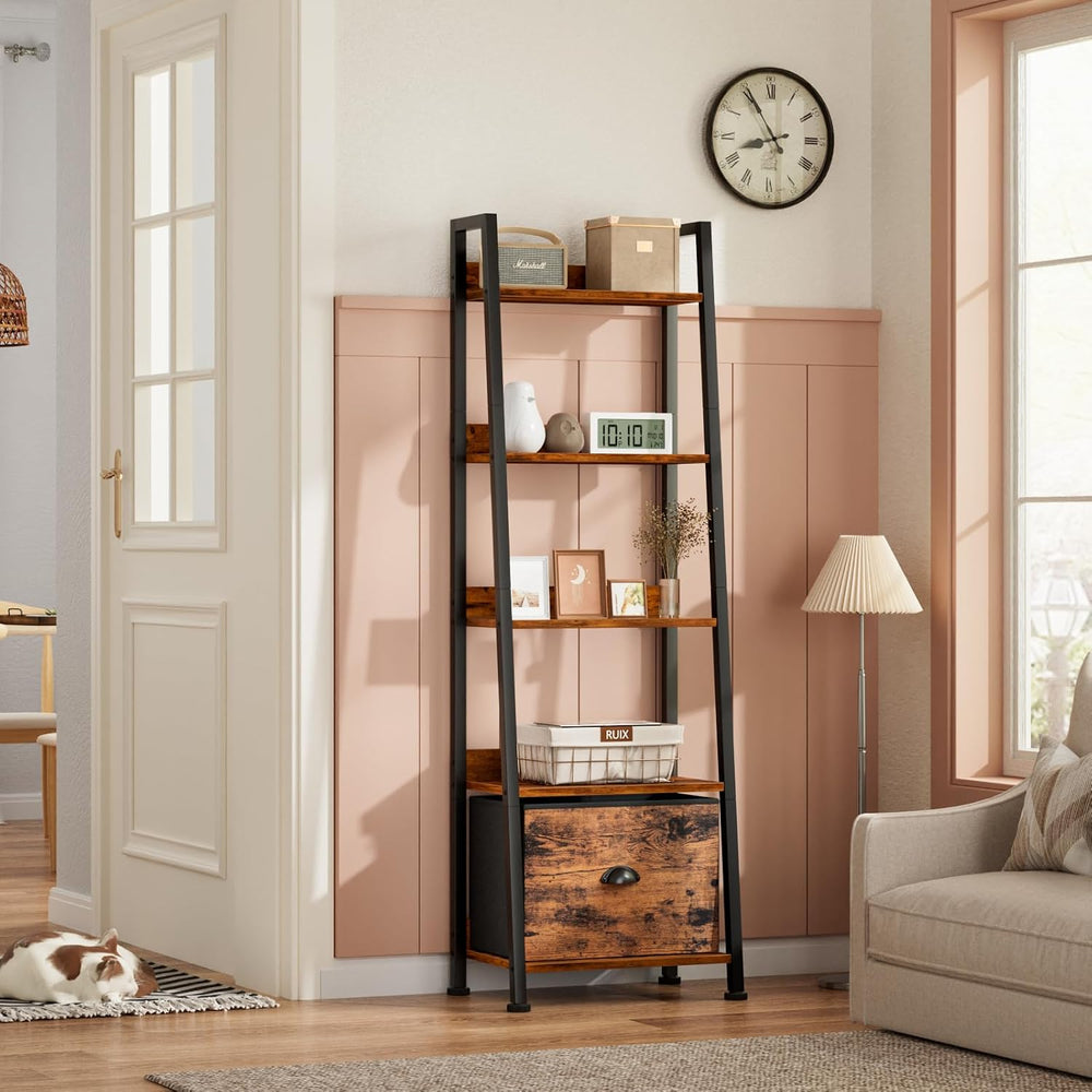 Furologee Ladder Shelf, 5 Tier Bookshelf with Fabric Drawer, Rustic Brown