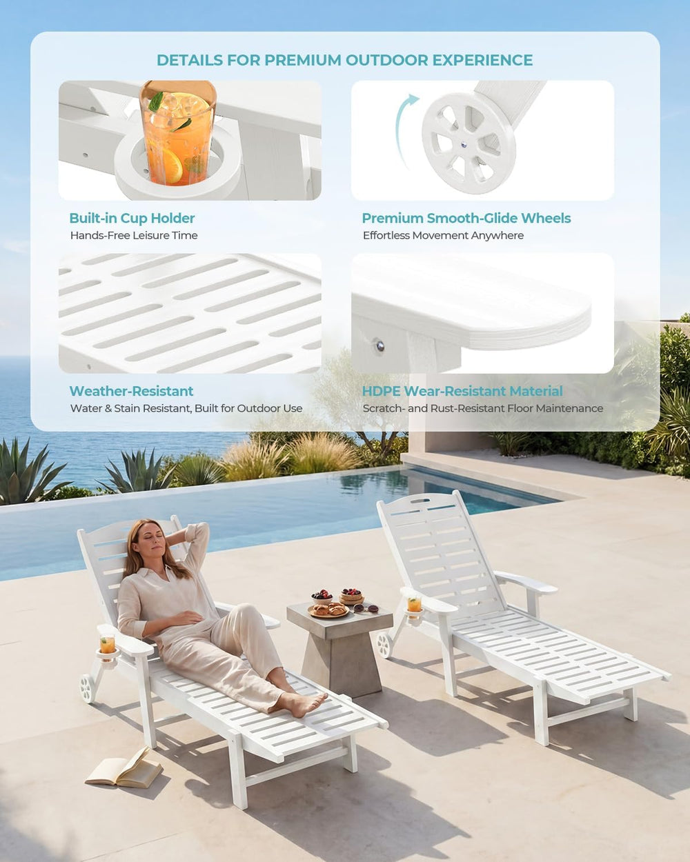 Ciokea Outdoor Chaise Lounge Chair, 5-Position Adjustable, White