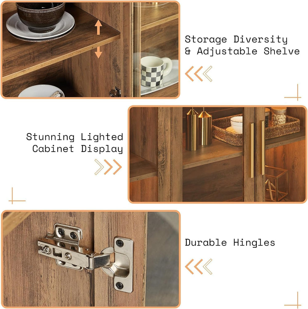 AMERLIFE Modern Sideboard Buffet Cabinet with Storage & Glass Doors, Brown