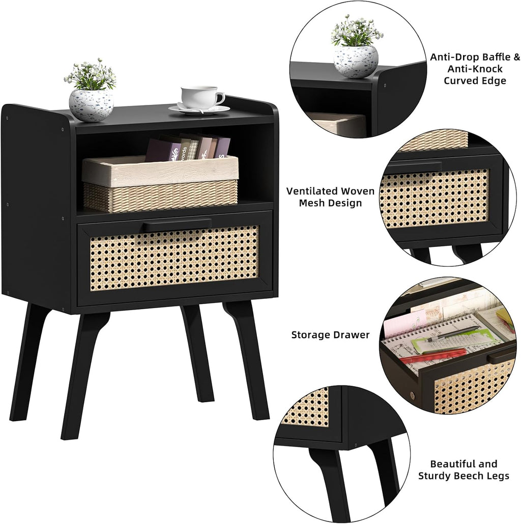 Lerliuo Rattan Nightstands Set of 2, Bedside Table with Drawer Open Shelf