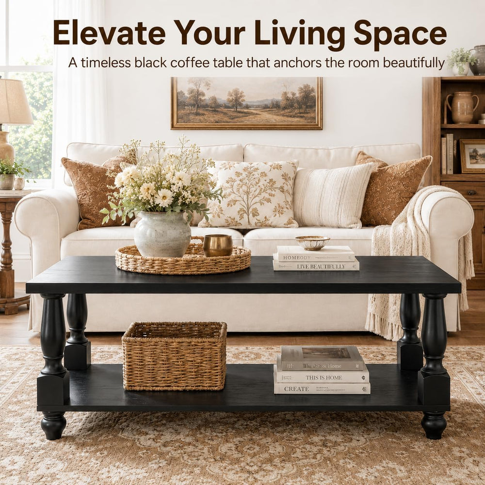 Homieasy 47" Farmhouse Coffee Table with Storage, Rectangular Wood, Black