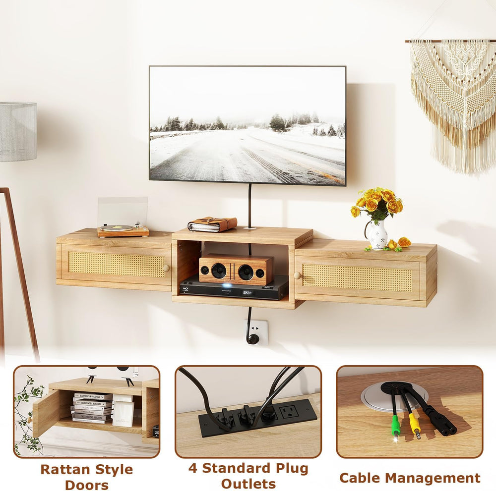IBUYKE Modern Rattan Floating TV Stand with Doors,Wall Mounted TV Shelf for T...