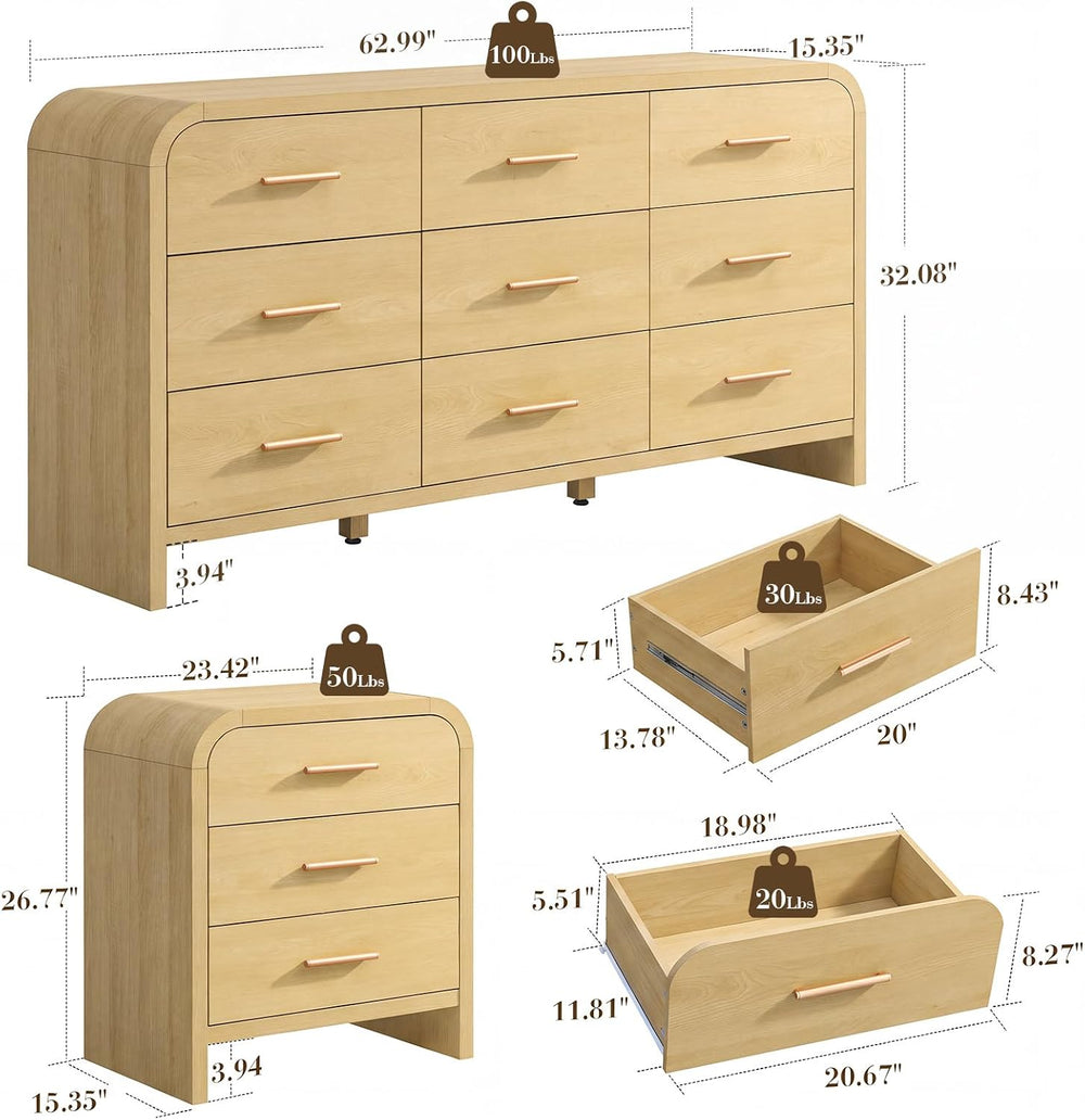 3-Piece Bedroom Set, Curved 9-Drawer Dresser&3-Drawer Nightstands