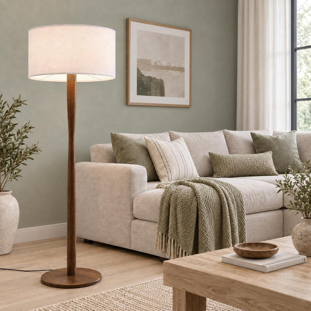 62" Tall Rustic Walnut Wood Floor Lamp with Large Linen Shade, White
