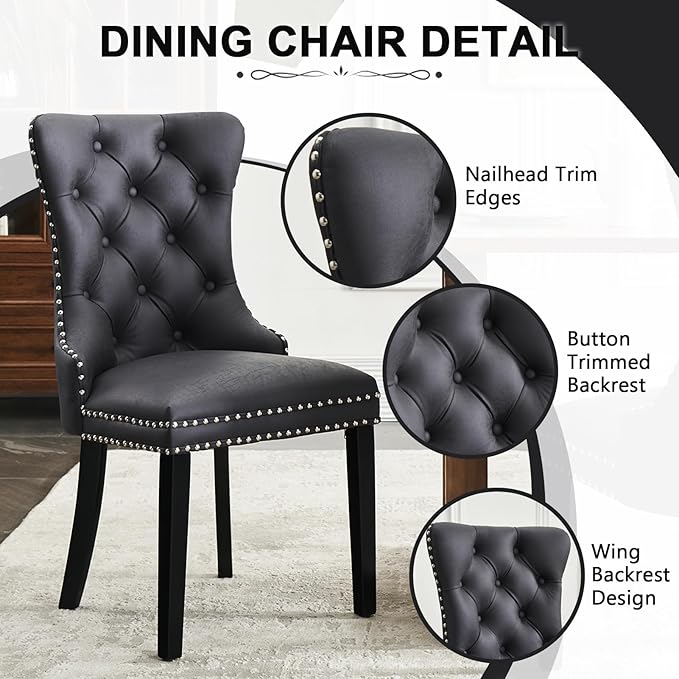 Kiztir Leather Dining Chairs Set of 4, Upholstered Dining Chair with Nailhead Trim and Solid Wood Legs, Luxury Wingback Dining Side Chair for Living Room, Bedroom, Kitchen (Black)