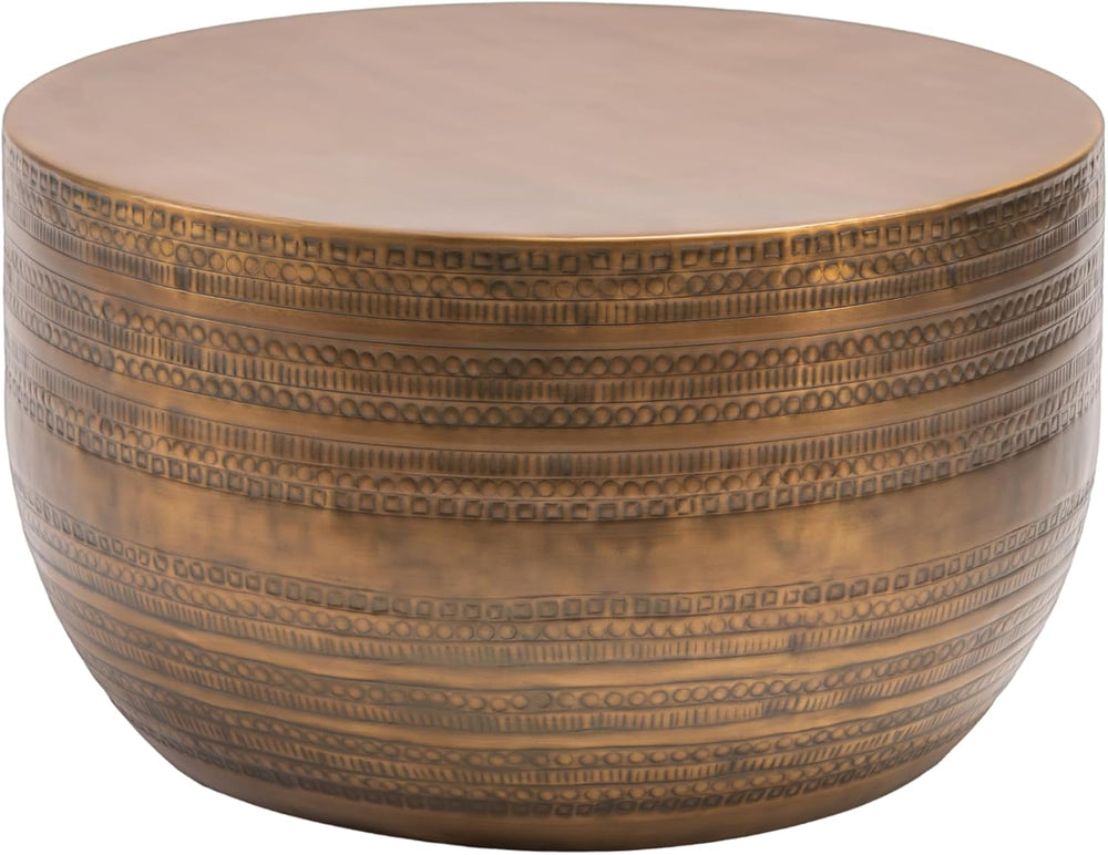 Albany Living Hammered Aluminum Drum Coffee Table, Brass Finish