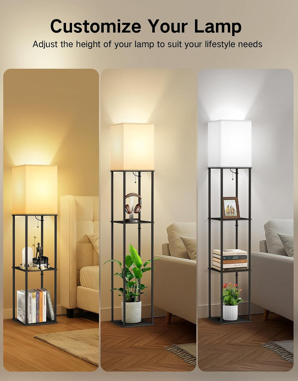 OUTON Floor Lamp with Shelves, Modern Square Standing Shelf Lamp, Black