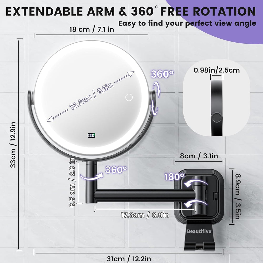 7" Rechargable Wall Mounted Lighted Makeup Mirror with 1X/10X Magnification