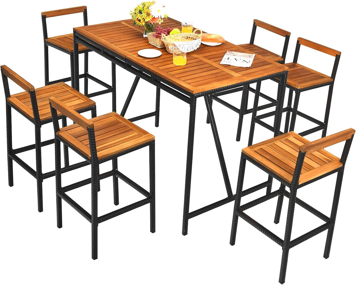 Tangkula 7-Piece Acacia Wood Bar Set with Patiojoy Outdoor Rattan High-Dining 6 Bar Stools and 1 Rectangular Table with Umbrella Hole - Outdoor Conversation Set for Patio, Backyard, Garden