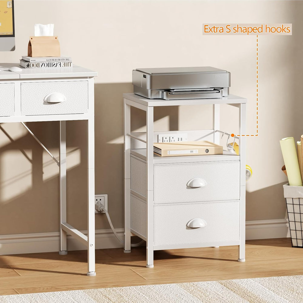 Furologee Night Stand with Charging Station, 2 Fabric Drawers, White