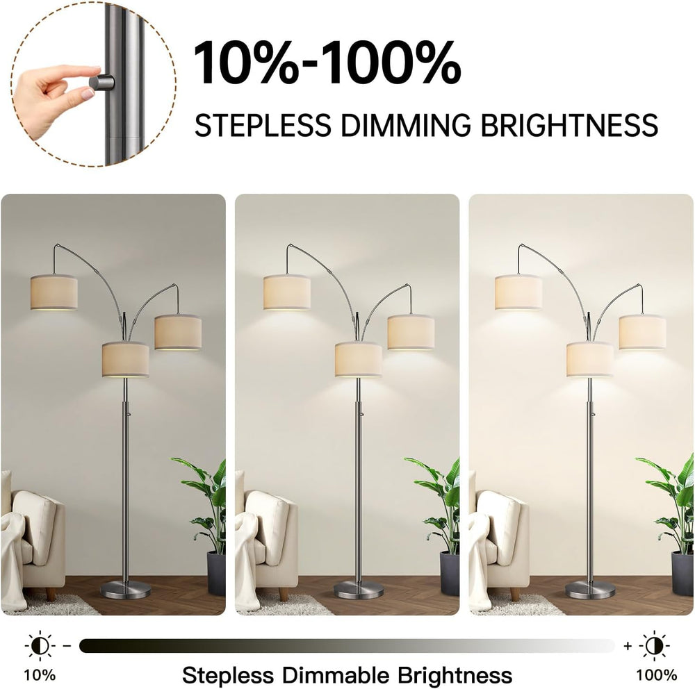 Dimmable Floor Lamp, 3 Lights Sliver Arc Floor Lamp, Modern Tall Standing Tre...