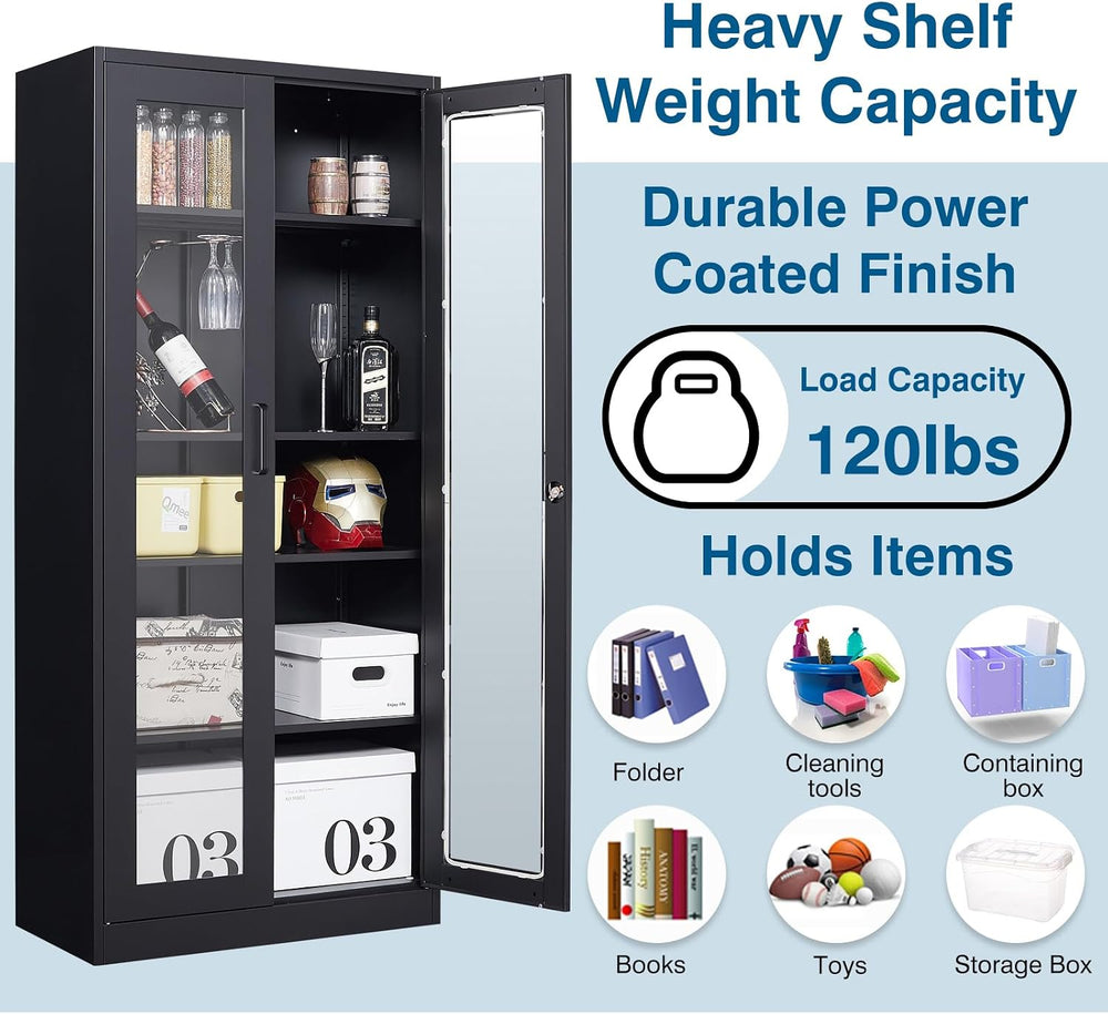 PEUKC Display Cabinet with Glass Doors, 71 Inches Metal Curio Storage Cabinet...