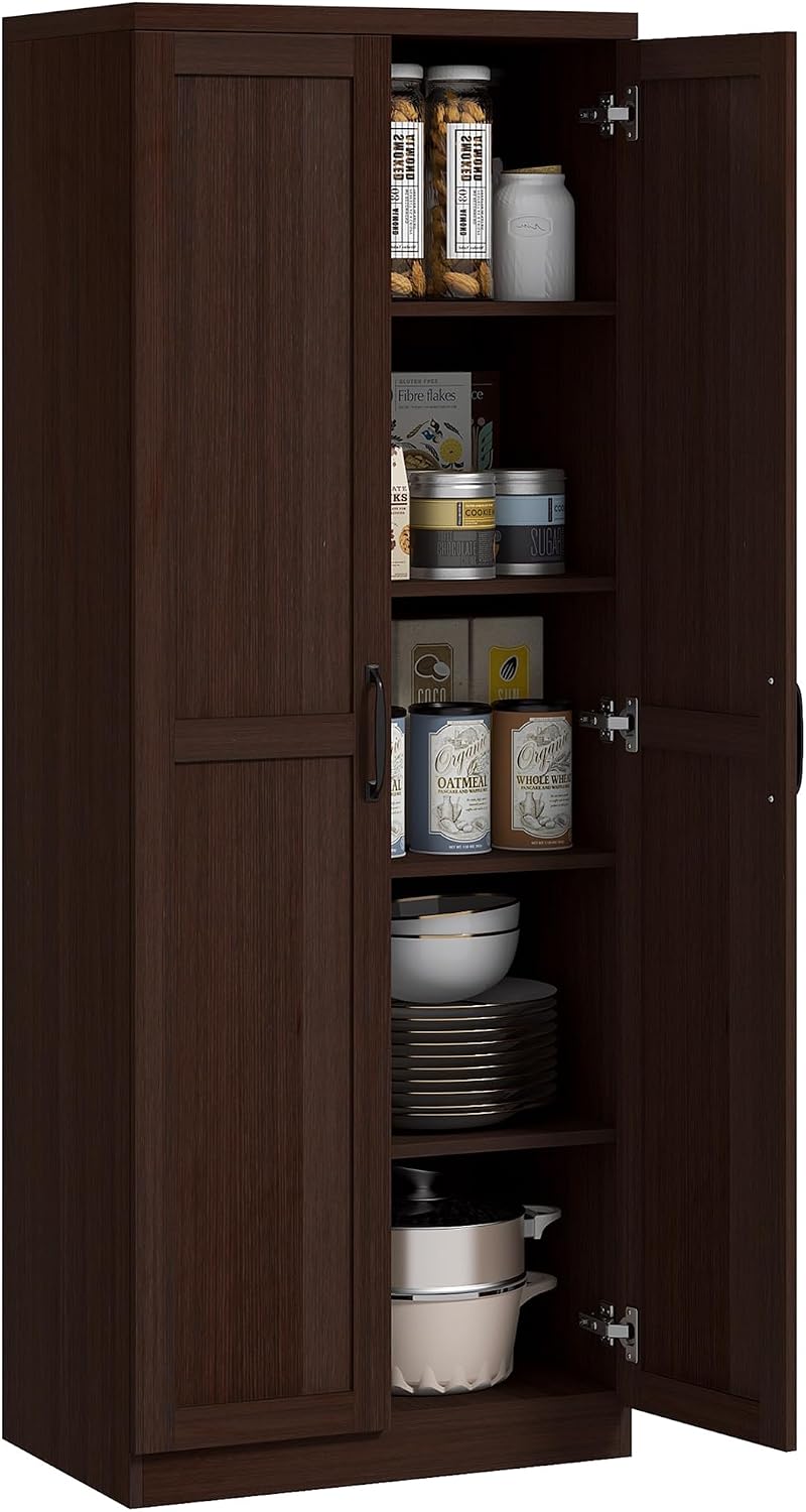 HOMCOM 63" Kitchen Pantry Cabinet with Doors and Adjustable Shelves, Cherry