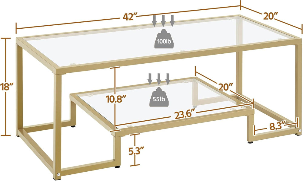 Yaheetech 42" Small Gold Coffee Table for Living Room, 2-Tier Glass Shelf