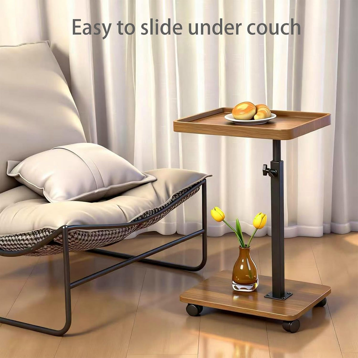 adjustable height couch tables that slide under sofa showing dimensions