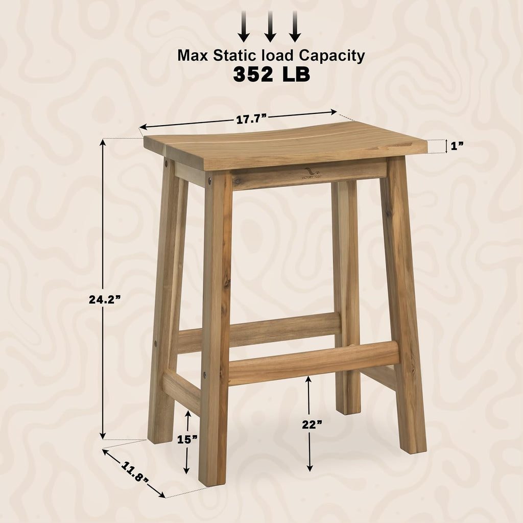 VICTORY RELAX Wooden Counter Stool - Set of 2 Backless Design with Ergonomic Saddle Seat - Light Natural Acacia Wood Kitchen & Bar Stool - Space-Saving Seating & Decor, 24 Inch Height