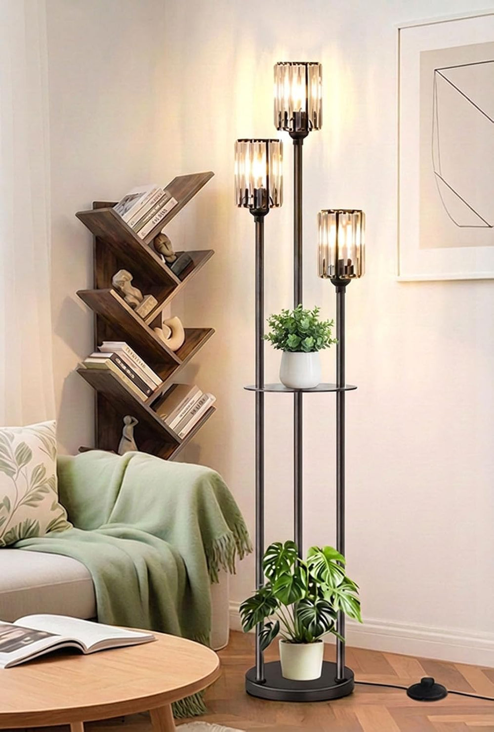 Crystal Standing Floor Lamp with Shelves for Living Room 67" Tall Black