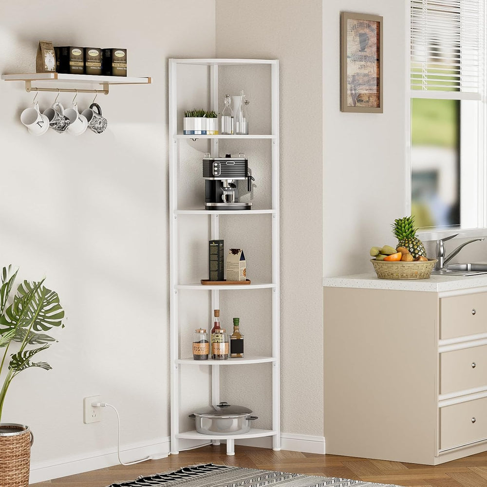 Furnulem 6 Tier Corner Shelf with LED Light, 67.5" White Narrow Bookshelf