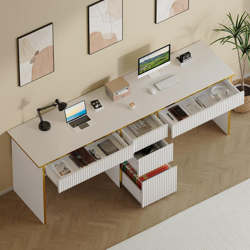 4 EVER WINNER 78" Two Person Computer Desk with 5 Drawers, White and Gold
