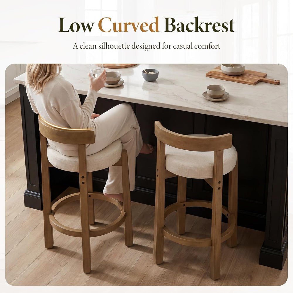 Ya-Home Mid-Century Bar Stools Set of 2, 26.5 Inch Linen Counter Height Uphol...