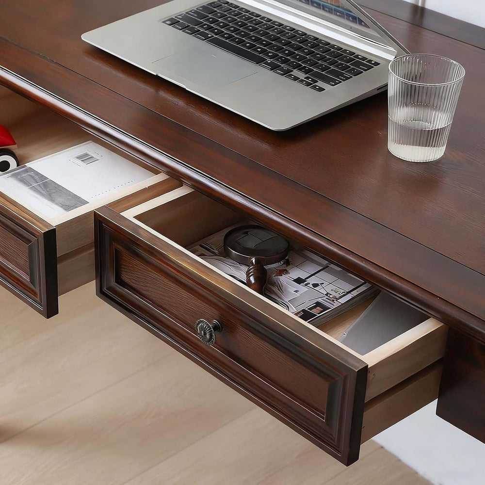 47 Inch Solid Wood Computer Writing Desk with Drawers, Walnut
