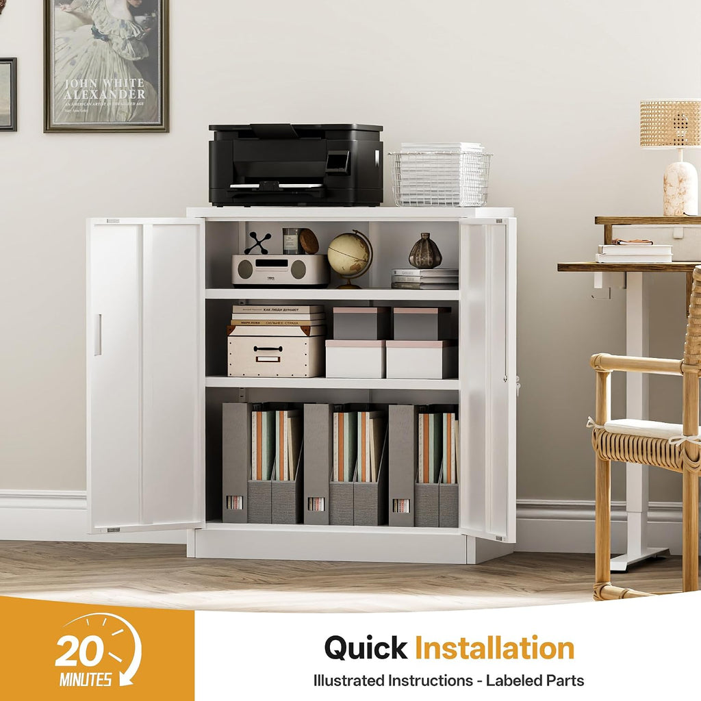 Metal Storage Cabinets，36" H White Metal Cabinet with Doors and 2 Adjustable Shelves, Lockable Storage Cabinets for Office, Home, Garage, Warehouse