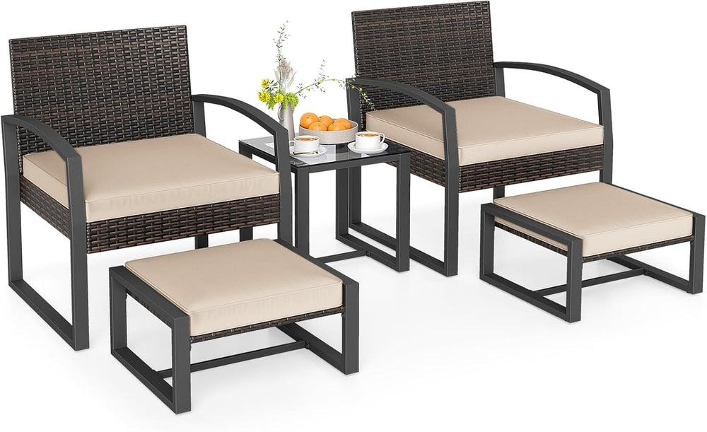 Tangkula 5 Pieces Wicker Patio Conversation Set, Rattan Chair with Ottoman